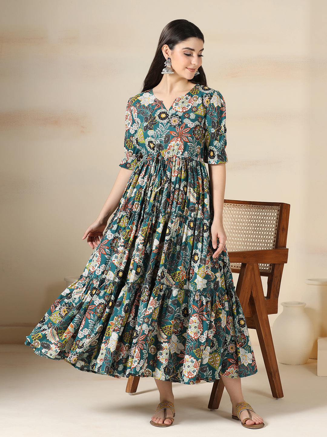 Teal Blue Cotton Printed Round Neck Half Sleeves Calf Length Flared Dress Mizazjaipur