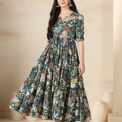 Teal Blue Cotton Printed Round Neck Half Sleeves Calf Length Flared Dress Mizazjaipur
