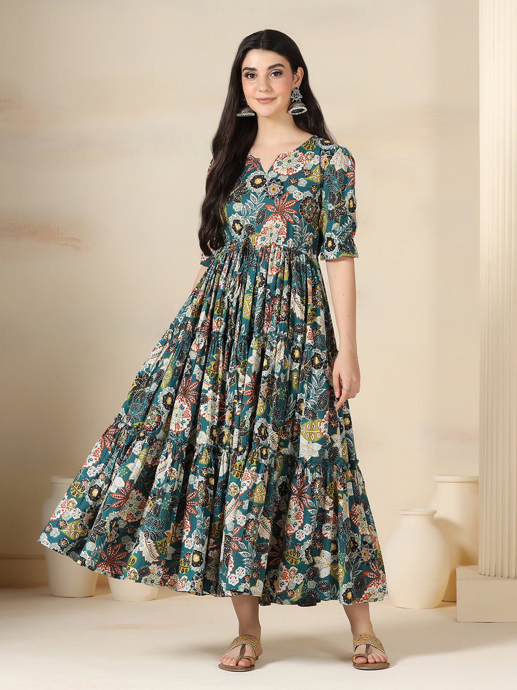 Teal Blue Cotton Printed Round Neck Half Sleeves Calf Length Flared Dress Mizazjaipur