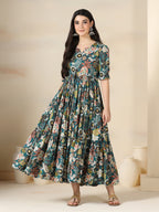 Teal Blue Cotton Printed Round Neck Half Sleeves Calf Length Flared Dress Mizazjaipur