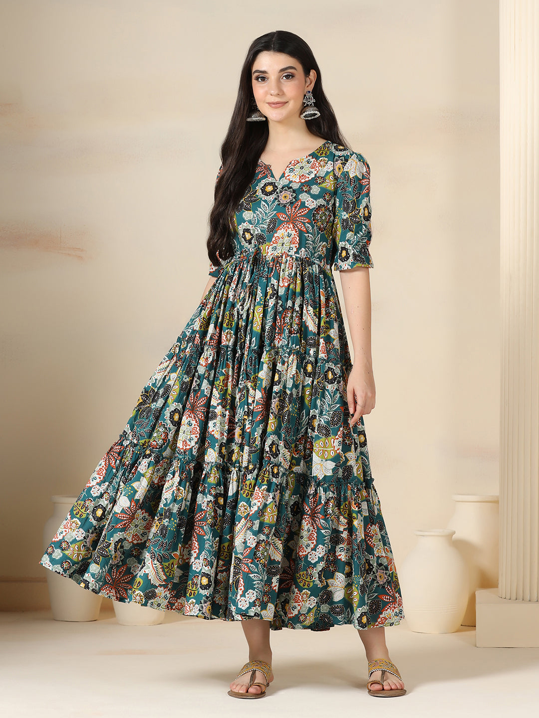 Teal Blue Cotton Printed Round Neck Half Sleeves Calf Length Flared Dress Mizazjaipur