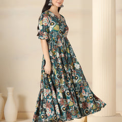 Teal Blue Cotton Printed Round Neck Half Sleeves Calf Length Flared Dress Mizazjaipur