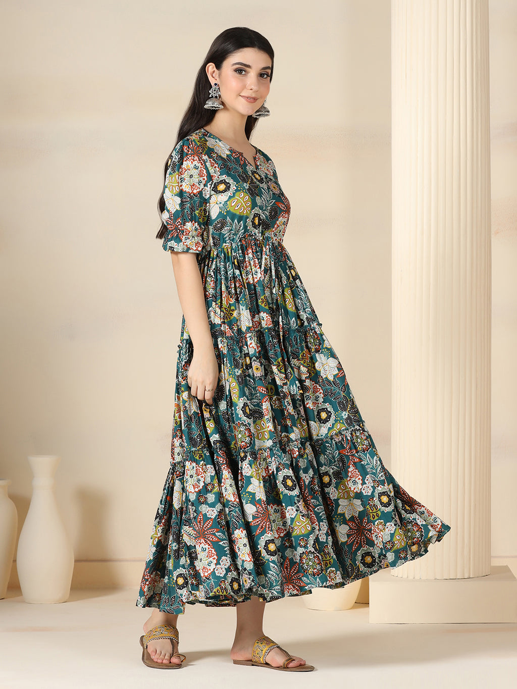 Teal Blue Cotton Printed Round Neck Half Sleeves Calf Length Flared Dress Mizazjaipur