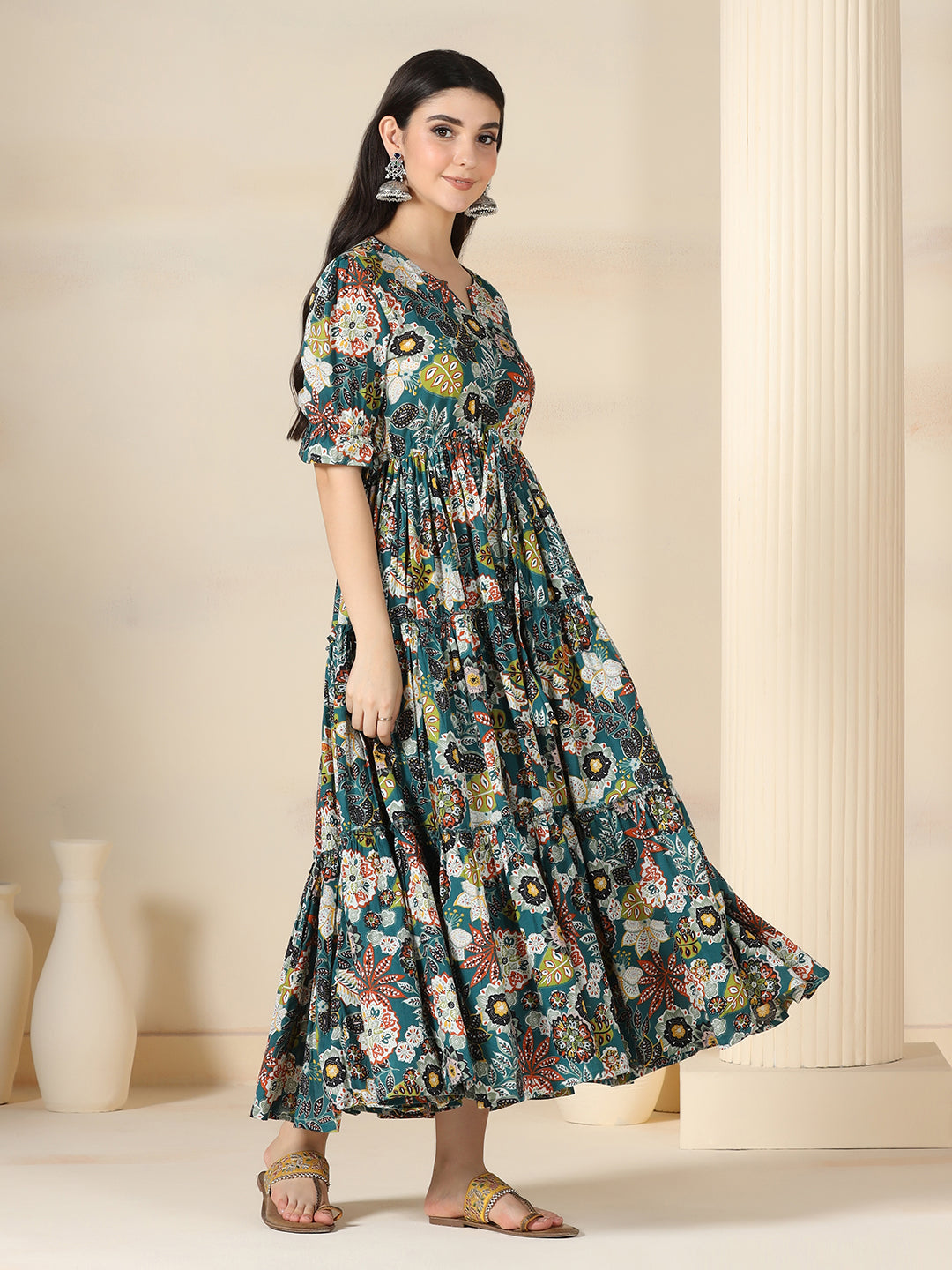 Teal Blue Cotton Printed Round Neck Half Sleeves Calf Length Flared Dress Mizazjaipur