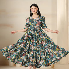 Teal Blue Cotton Printed Round Neck Half Sleeves Calf Length Flared Dress Mizazjaipur