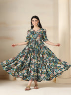 Teal Blue Cotton Printed Round Neck Half Sleeves Calf Length Flared Dress Mizazjaipur