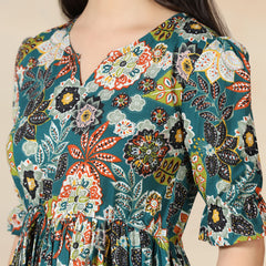 Teal Blue Cotton Printed Round Neck Half Sleeves Calf Length Flared Dress Mizazjaipur