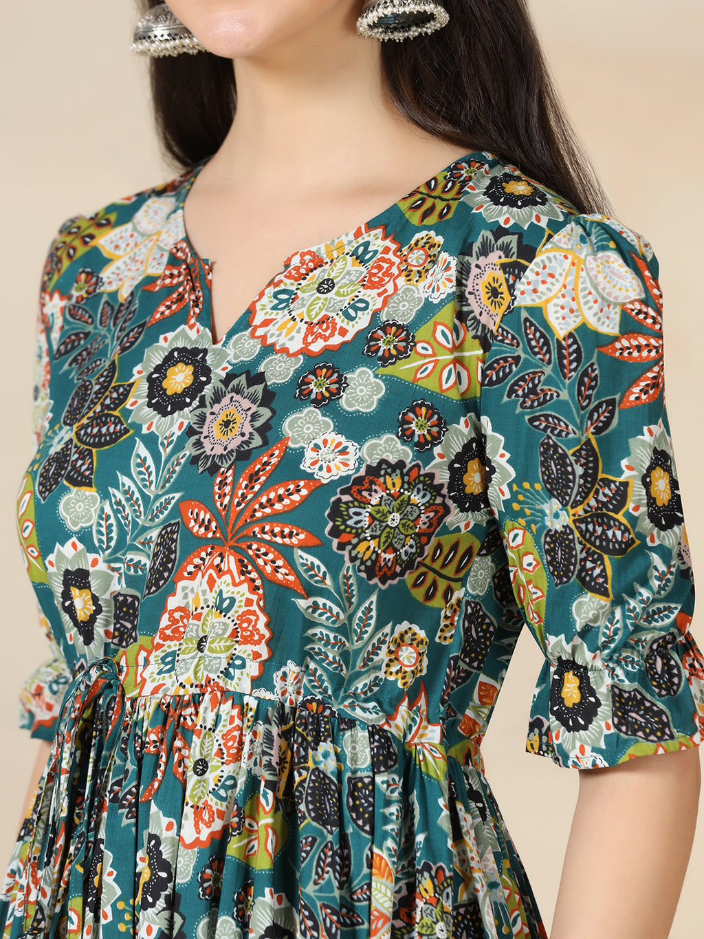 Teal Blue Cotton Printed Round Neck Half Sleeves Calf Length Flared Dress Mizazjaipur