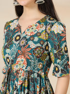 Teal Blue Cotton Printed Round Neck Half Sleeves Calf Length Flared Dress Mizazjaipur