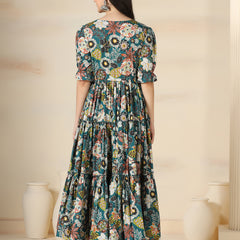 Teal Blue Cotton Printed Round Neck Half Sleeves Calf Length Flared Dress Mizazjaipur