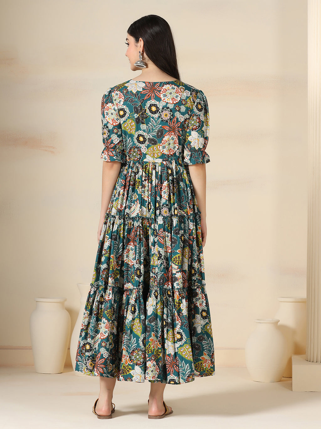 Teal Blue Cotton Printed Round Neck Half Sleeves Calf Length Flared Dress Mizazjaipur