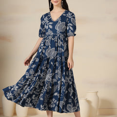Navy Blue Rayon Printed V-Neck Half Sleeves Calf Length Flared Dress Mizazjaipur