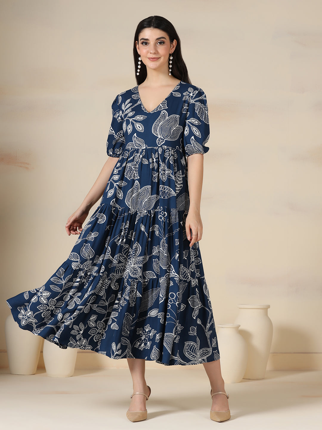 Navy Blue Rayon Printed V-Neck Half Sleeves Calf Length Flared Dress Mizazjaipur