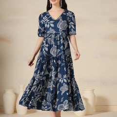 Navy Blue Rayon Printed V-Neck Half Sleeves Calf Length Flared Dress Mizazjaipur