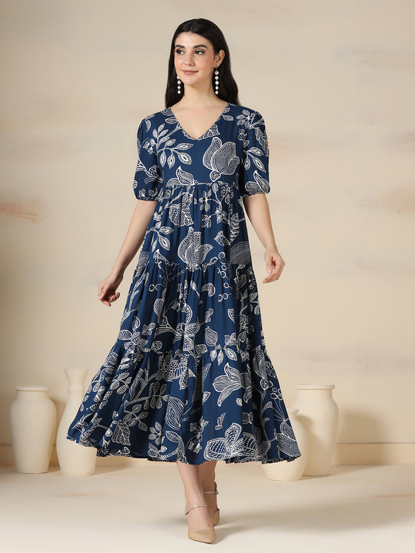 Navy Blue Rayon Printed V-Neck Half Sleeves Calf Length Flared Dress Mizazjaipur