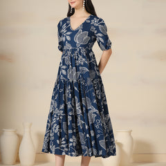 Navy Blue Rayon Printed V-Neck Half Sleeves Calf Length Flared Dress Mizazjaipur