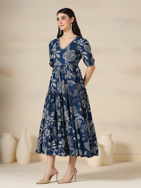 Navy Blue Rayon Printed V-Neck Half Sleeves Calf Length Flared Dress Mizazjaipur