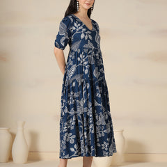 Navy Blue Rayon Printed V-Neck Half Sleeves Calf Length Flared Dress Mizazjaipur