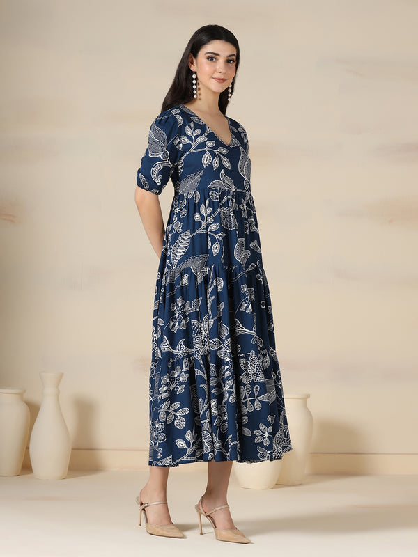 Navy Blue Rayon Printed V-Neck Half Sleeves Calf Length Flared Dress Mizazjaipur