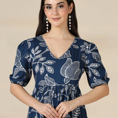Navy Blue Rayon Printed V-Neck Half Sleeves Calf Length Flared Dress Mizazjaipur