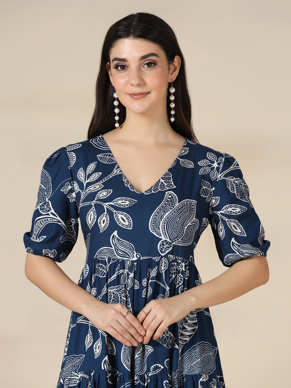 Navy Blue Rayon Printed V-Neck Half Sleeves Calf Length Flared Dress Mizazjaipur