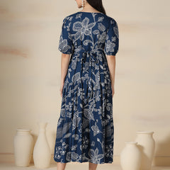 Navy Blue Rayon Printed V-Neck Half Sleeves Calf Length Flared Dress Mizazjaipur