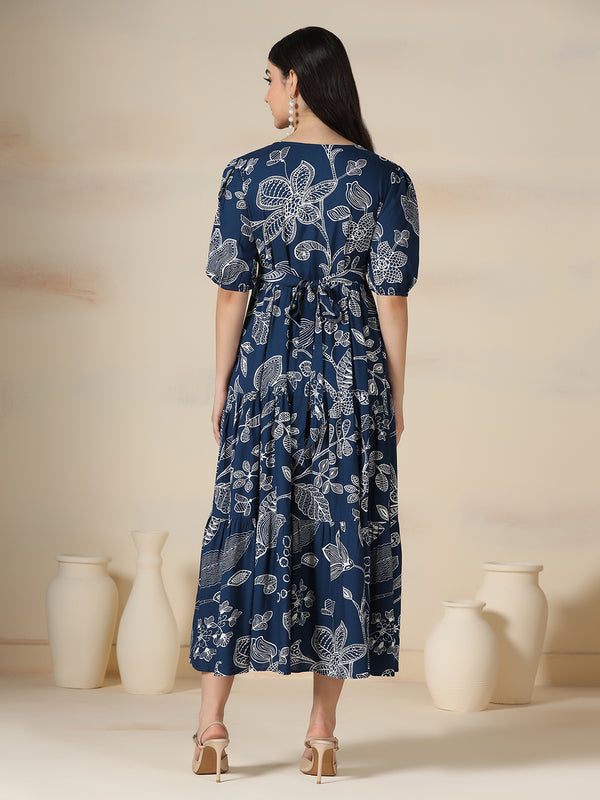 Navy Blue Rayon Printed V-Neck Half Sleeves Calf Length Flared Dress Mizazjaipur