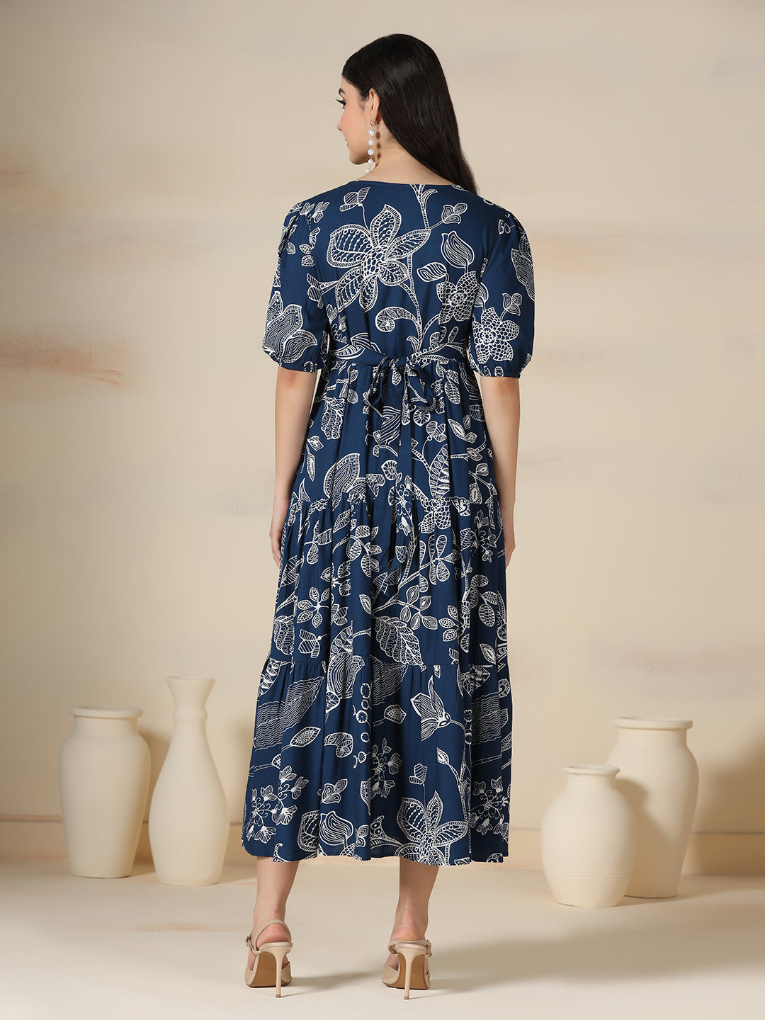 Navy Blue Rayon Printed V-Neck Half Sleeves Calf Length Flared Dress Mizazjaipur
