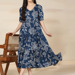 Navy Blue Rayon Printed V-Neck Half Sleeves Calf Length Flared Dress Mizazjaipur