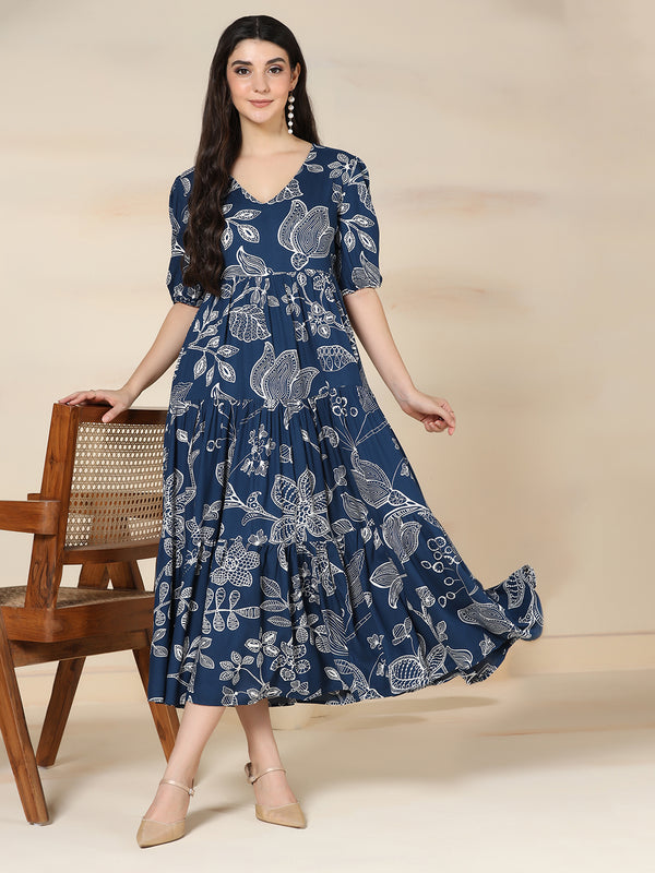 Navy Blue Rayon Printed V-Neck Half Sleeves Calf Length Flared Dress Mizazjaipur