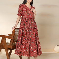 Maroon Rayon Printed Round Neck Half Sleeves Calf Length Flared Dress Mizazjaipur