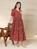 Maroon Rayon Printed Round Neck Half Sleeves Calf Length Flared Dress Mizazjaipur