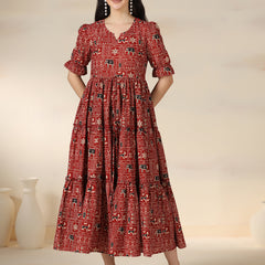 Maroon Rayon Printed Round Neck Half Sleeves Calf Length Flared Dress Mizazjaipur