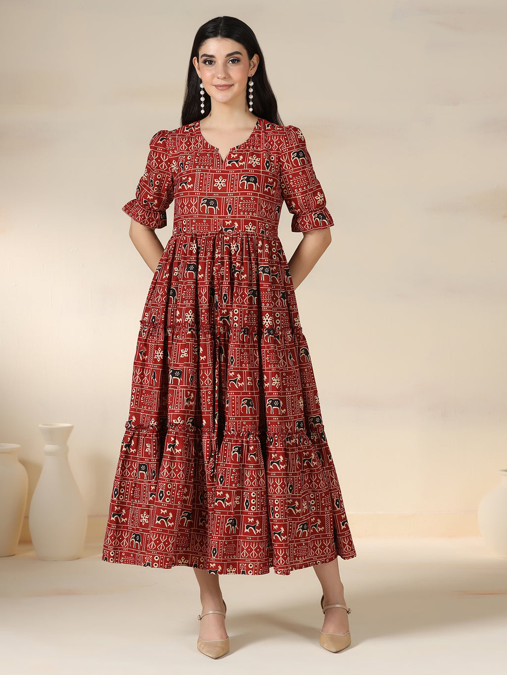 Maroon Rayon Printed Round Neck Half Sleeves Calf Length Flared Dress Mizazjaipur