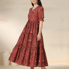 Maroon Rayon Printed Round Neck Half Sleeves Calf Length Flared Dress Mizazjaipur