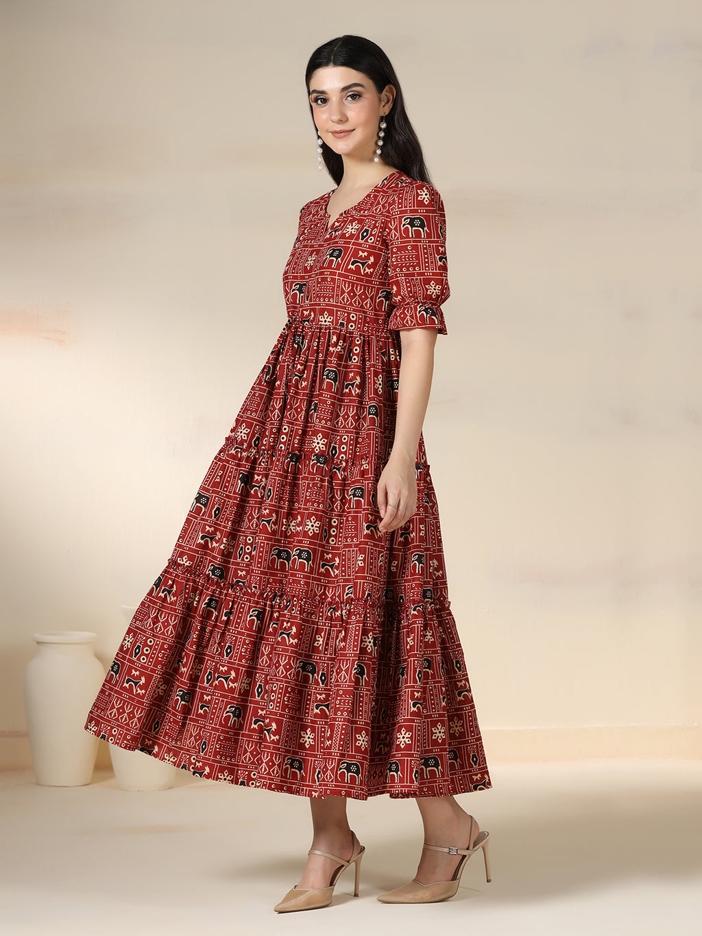 Maroon Rayon Printed Round Neck Half Sleeves Calf Length Flared Dress Mizazjaipur