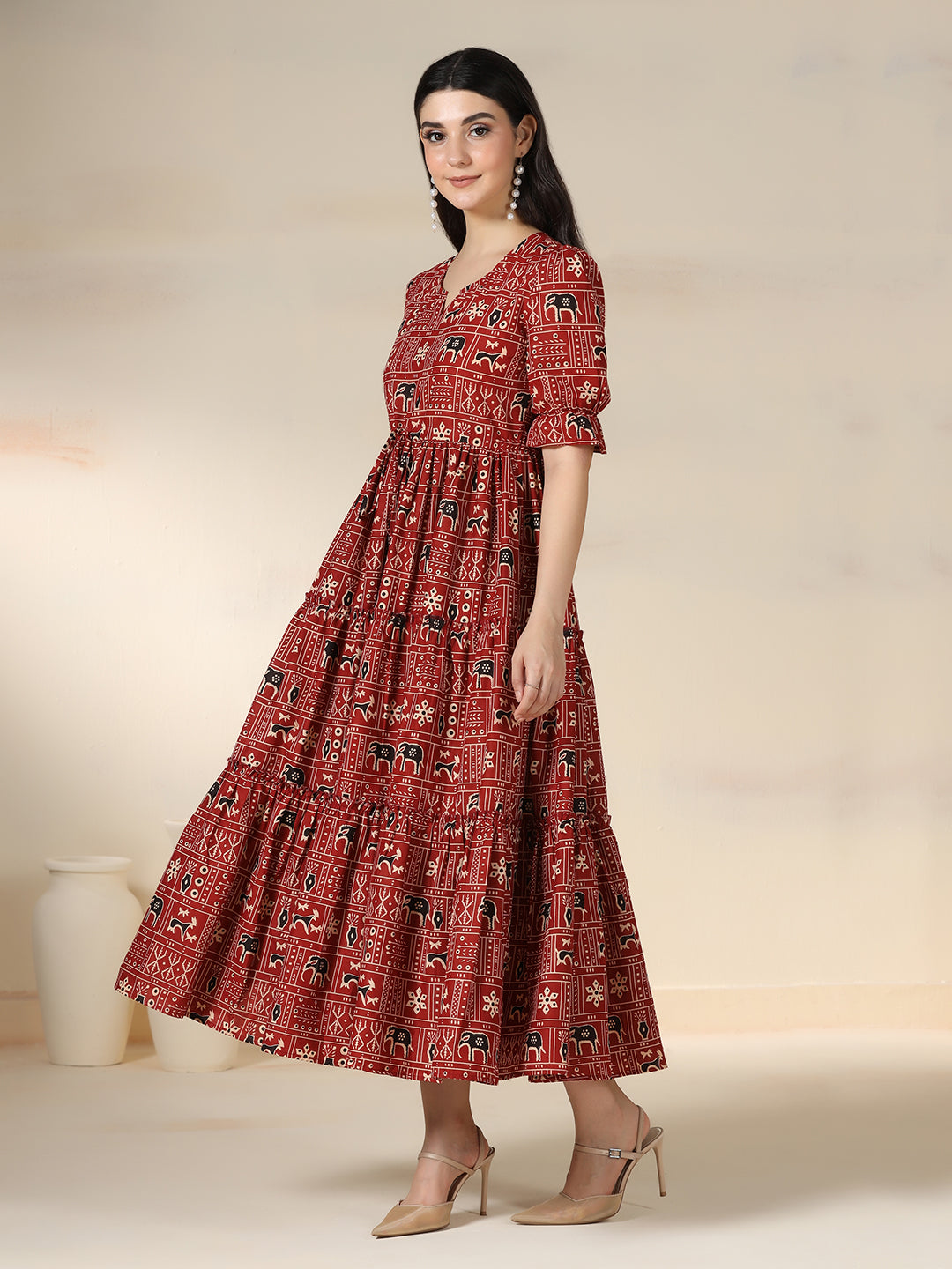 Maroon Rayon Printed Round Neck Half Sleeves Calf Length Flared Dress Mizazjaipur