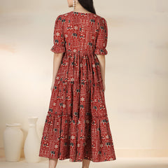 Maroon Rayon Printed Round Neck Half Sleeves Calf Length Flared Dress Mizazjaipur