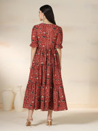 Maroon Rayon Printed Round Neck Half Sleeves Calf Length Flared Dress Mizazjaipur