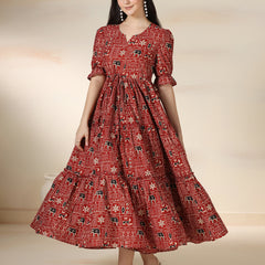 Maroon Rayon Printed Round Neck Half Sleeves Calf Length Flared Dress Mizazjaipur
