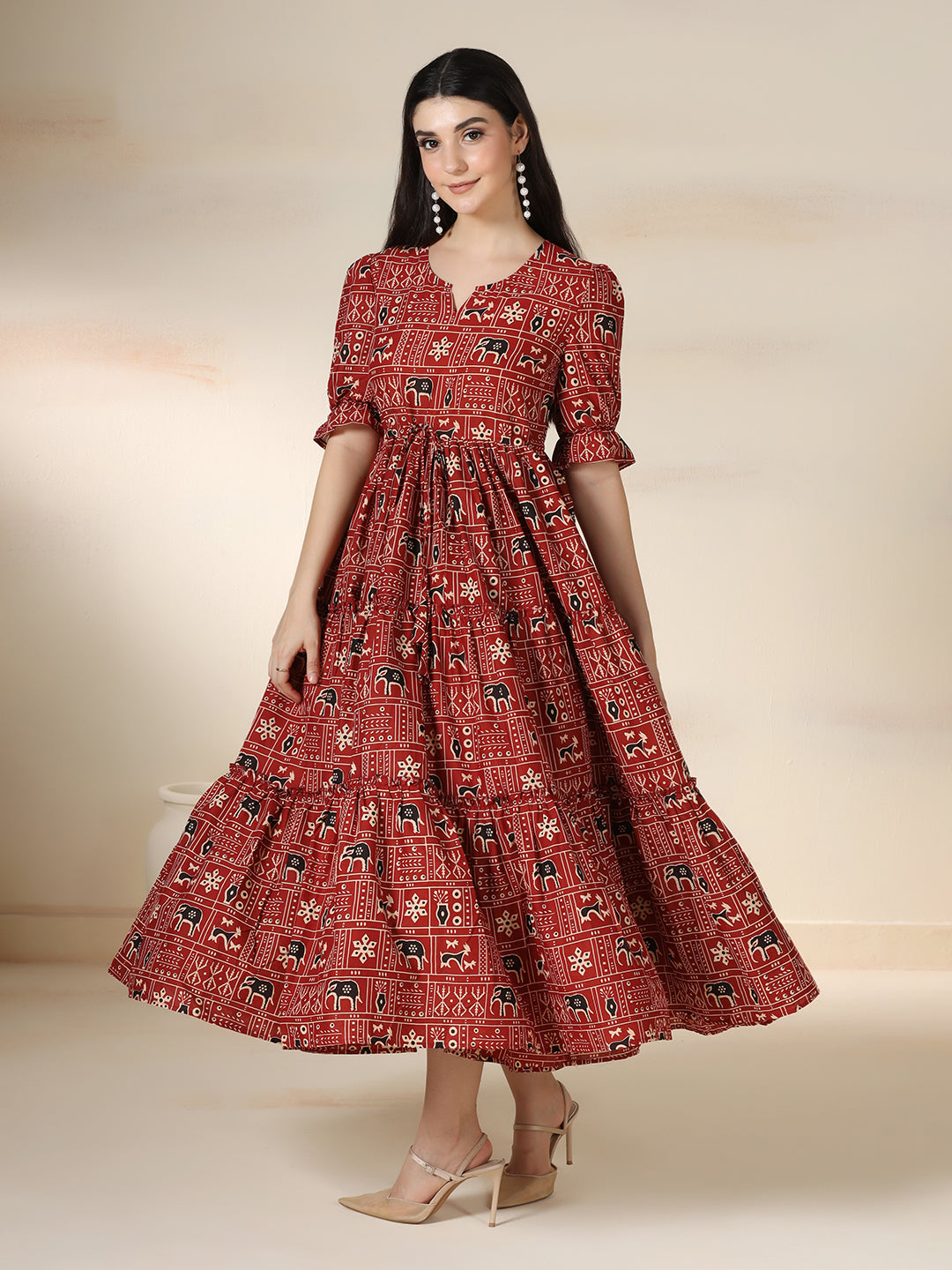Maroon Rayon Printed Round Neck Half Sleeves Calf Length Flared Dress Mizazjaipur