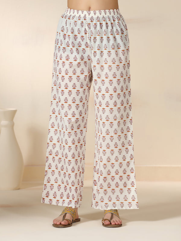 Off White Pure Cotton Printed Lace Work V-Neck Sleeveless Calf Length Straight Kurta Pant And Dupatta Set Mizazjaipur