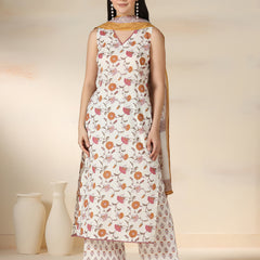 Off White Pure Cotton Printed Lace Work V-Neck Sleeveless Calf Length Straight Kurta Pant And Dupatta Set Mizazjaipur