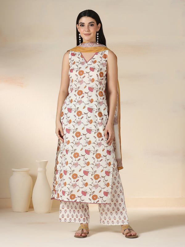 Off White Pure Cotton Printed Lace Work V-Neck Sleeveless Calf Length Straight Kurta Pant And Dupatta Set Mizazjaipur