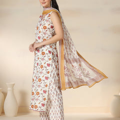 Off White Pure Cotton Printed Lace Work V-Neck Sleeveless Calf Length Straight Kurta Pant And Dupatta Set Mizazjaipur