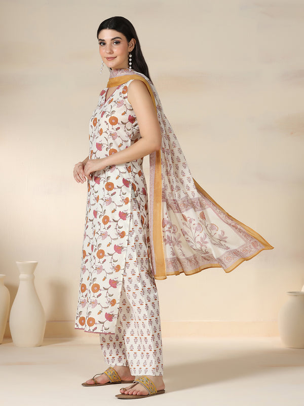 Off White Pure Cotton Printed Lace Work V-Neck Sleeveless Calf Length Straight Kurta Pant And Dupatta Set Mizazjaipur