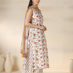 Off White Pure Cotton Printed Lace Work V-Neck Sleeveless Calf Length Straight Kurta Pant And Dupatta Set Mizazjaipur
