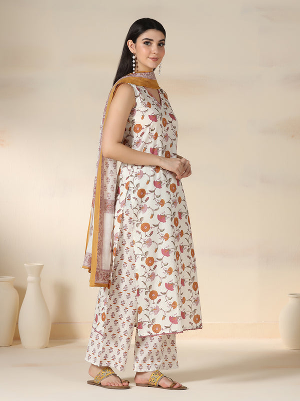 Off White Pure Cotton Printed Lace Work V-Neck Sleeveless Calf Length Straight Kurta Pant And Dupatta Set Mizazjaipur