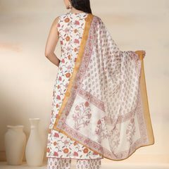 Off White Pure Cotton Printed Lace Work V-Neck Sleeveless Calf Length Straight Kurta Pant And Dupatta Set Mizazjaipur