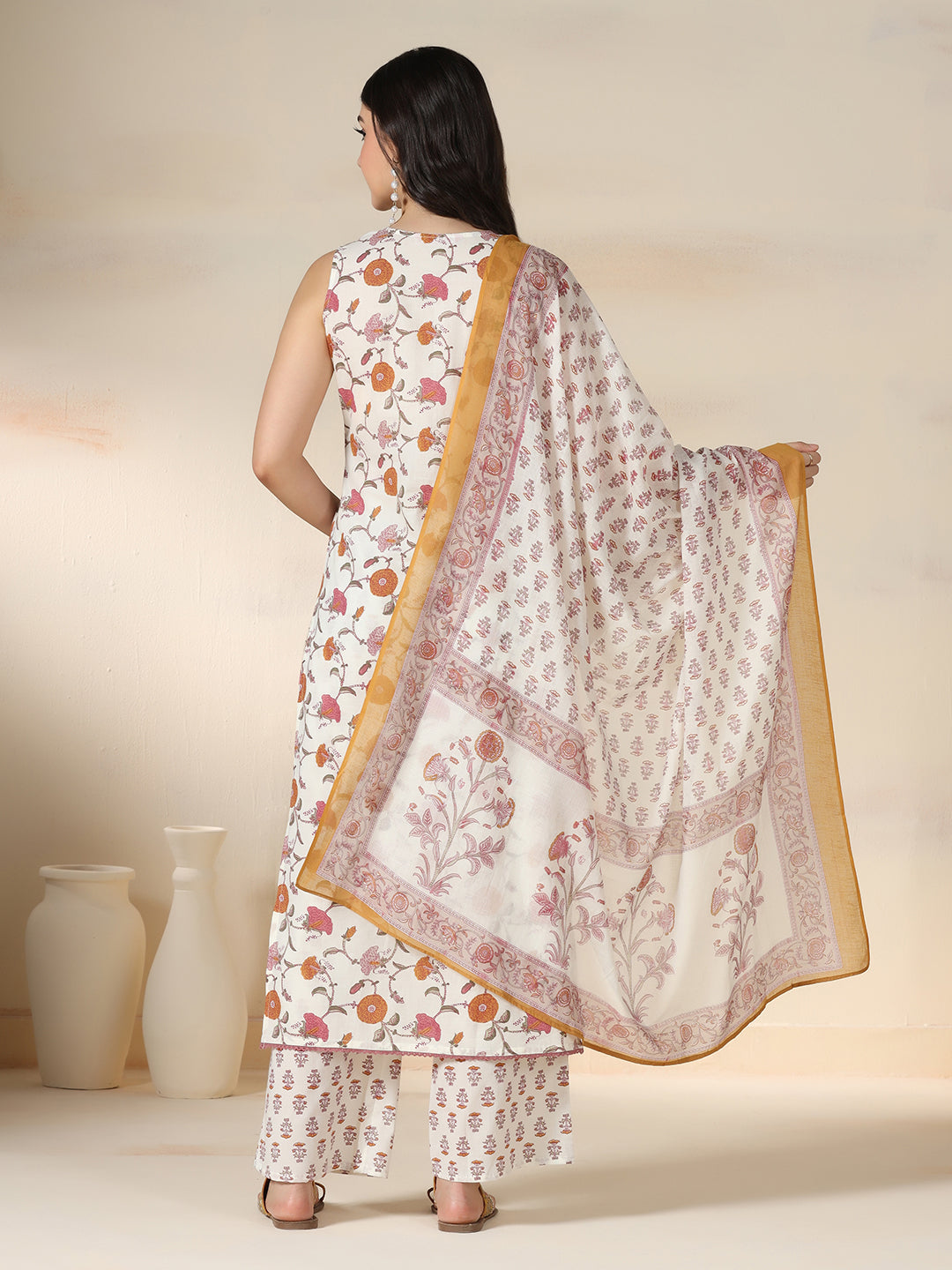 Off White Pure Cotton Printed Lace Work V-Neck Sleeveless Calf Length Straight Kurta Pant And Dupatta Set Mizazjaipur